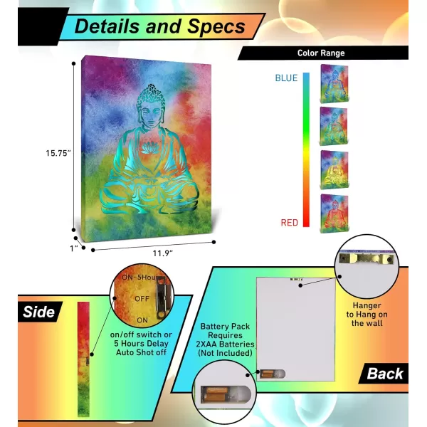 CoTa Global Owl Buddha Tree of Life Day of the Dead Light Up LED Wall Art  Color Changing LED Light Up Picture Art for Wall Hang  Home Decor Wall Art for Bedroom and Living Room  16x12 InchBuddha