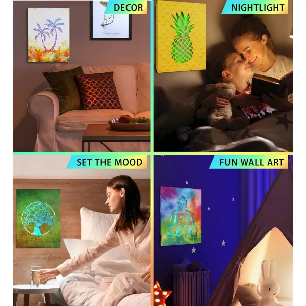 CoTa Global Owl Buddha Tree of Life Day of the Dead Light Up LED Wall Art  Color Changing LED Light Up Picture Art for Wall Hang  Home Decor Wall Art for Bedroom and Living Room  16x12 Inch4 pack  Buddha  Palm Tree  Tree of Life  Pineapple