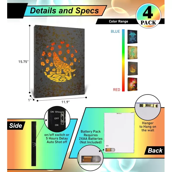 CoTa Global Owl Buddha Tree of Life Day of the Dead Light Up LED Wall Art  Color Changing LED Light Up Picture Art for Wall Hang  Home Decor Wall Art for Bedroom and Living Room  16x12 Inch4 pack  Pirate  Space  Wolf  and Dinosaur