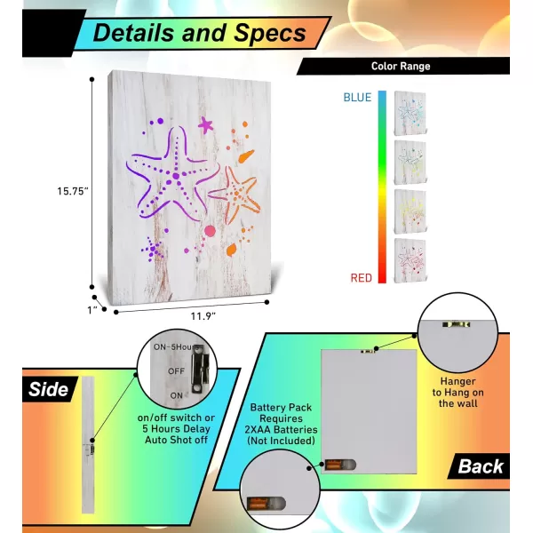 CoTa Global Owl Buddha Tree of Life Day of the Dead Light Up LED Wall Art  Color Changing LED Light Up Picture Art for Wall Hang  Home Decor Wall Art for Bedroom and Living Room  16x12 InchStarfish