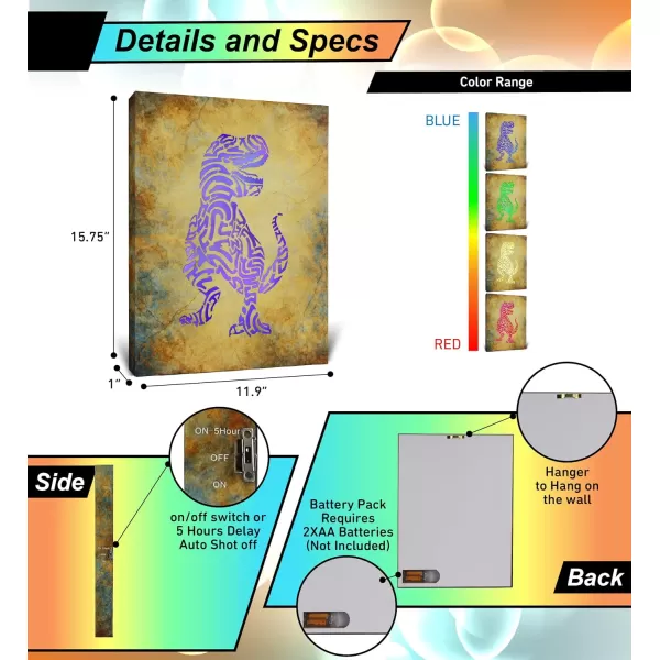 CoTa Global Owl Buddha Tree of Life Day of the Dead Light Up LED Wall Art  Color Changing LED Light Up Picture Art for Wall Hang  Home Decor Wall Art for Bedroom and Living Room  16x12 InchTRex Dinosaur