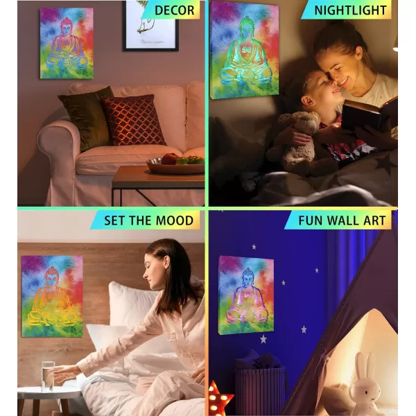 CoTa Global Owl Buddha Tree of Life Day of the Dead Light Up LED Wall Art  Color Changing LED Light Up Picture Art for Wall Hang  Home Decor Wall Art for Bedroom and Living Room  16x12 InchBuddha
