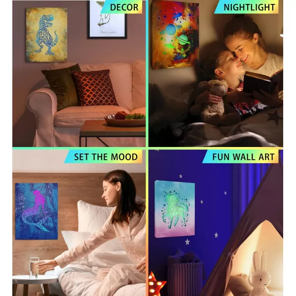 CoTa Global Owl Buddha Tree of Life Day of the Dead Light Up LED Wall Art  Color Changing LED Light Up Picture Art for Wall Hang  Home Decor Wall Art for Bedroom and Living Room  16x12 Inch4 pack  Mermaid  Space  Dinosaur  Unicorn