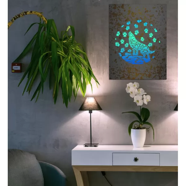 CoTa Global Owl Buddha Tree of Life Day of the Dead Light Up LED Wall Art  Color Changing LED Light Up Picture Art for Wall Hang  Home Decor Wall Art for Bedroom and Living Room  16x12 InchWolf