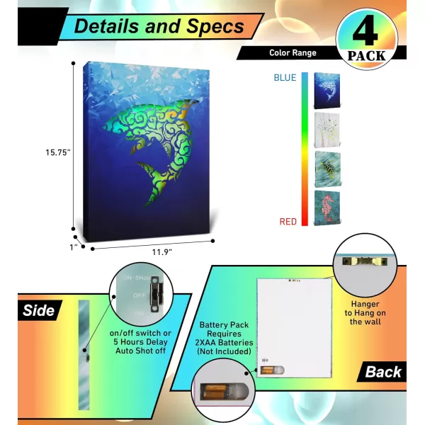 CoTa Global Owl Buddha Tree of Life Day of the Dead Light Up LED Wall Art  Color Changing LED Light Up Picture Art for Wall Hang  Home Decor Wall Art for Bedroom and Living Room  16x12 Inch4 pack  Starfish  Seahorse  Sea Turtle  Shark