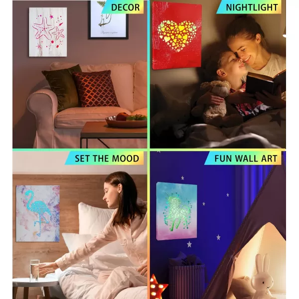 CoTa Global Owl Buddha Tree of Life Day of the Dead Light Up LED Wall Art  Color Changing LED Light Up Picture Art for Wall Hang  Home Decor Wall Art for Bedroom and Living Room  16x12 Inch4 pack  Hearts  Starfish  Flamingo  Unicorn