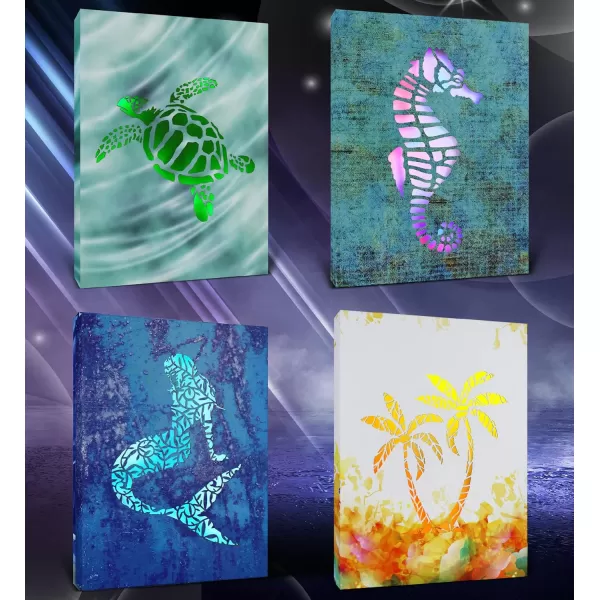 CoTa Global Owl Buddha Tree of Life Day of the Dead Light Up LED Wall Art  Color Changing LED Light Up Picture Art for Wall Hang  Home Decor Wall Art for Bedroom and Living Room  16x12 Inch4 pack  Seahorse  Sea Turtle  Mermaid  Palm Tree
