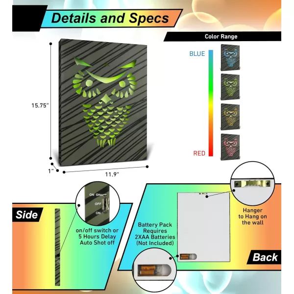 CoTa Global Owl Buddha Tree of Life Day of the Dead Light Up LED Wall Art  Color Changing LED Light Up Picture Art for Wall Hang  Home Decor Wall Art for Bedroom and Living Room  16x12 InchOwl