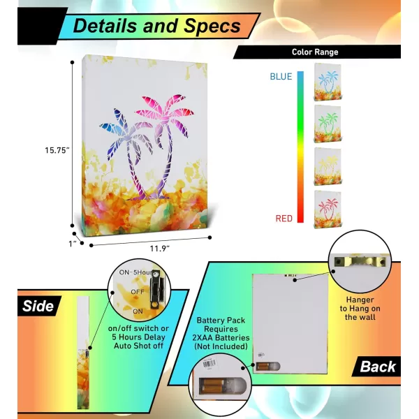 CoTa Global Owl Buddha Tree of Life Day of the Dead Light Up LED Wall Art  Color Changing LED Light Up Picture Art for Wall Hang  Home Decor Wall Art for Bedroom and Living Room  16x12 InchPalm Tree