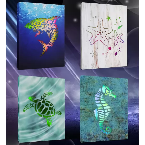 CoTa Global Owl Buddha Tree of Life Day of the Dead Light Up LED Wall Art  Color Changing LED Light Up Picture Art for Wall Hang  Home Decor Wall Art for Bedroom and Living Room  16x12 Inch4 pack  Starfish  Seahorse  Sea Turtle  Shark