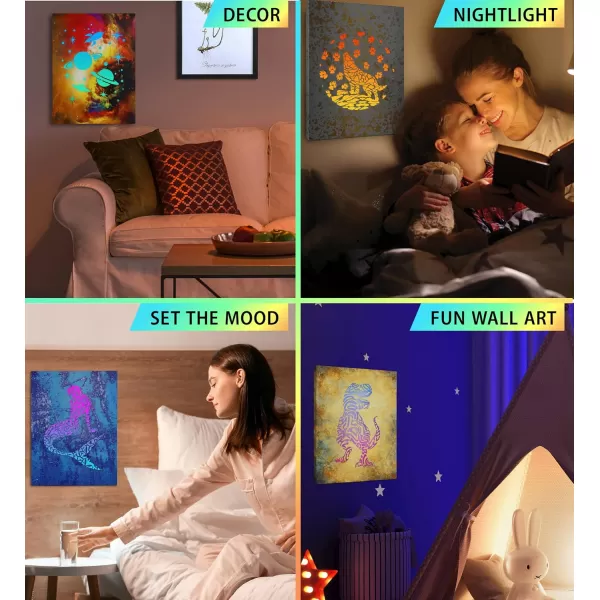 CoTa Global Owl Buddha Tree of Life Day of the Dead Light Up LED Wall Art  Color Changing LED Light Up Picture Art for Wall Hang  Home Decor Wall Art for Bedroom and Living Room  16x12 Inch4 pack  Pirate  Space  Wolf  and Dinosaur