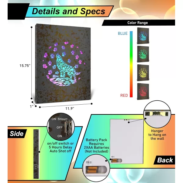 CoTa Global Owl Buddha Tree of Life Day of the Dead Light Up LED Wall Art  Color Changing LED Light Up Picture Art for Wall Hang  Home Decor Wall Art for Bedroom and Living Room  16x12 InchWolf
