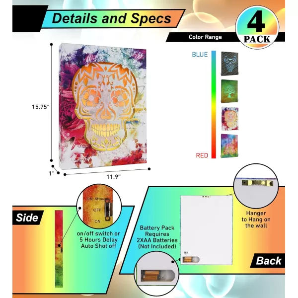 CoTa Global Owl Buddha Tree of Life Day of the Dead Light Up LED Wall Art  Color Changing LED Light Up Picture Art for Wall Hang  Home Decor Wall Art for Bedroom and Living Room  16x12 Inch4 pack  Owl  Buddha  Tree of Life  Day of the Dead