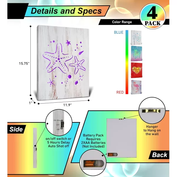 CoTa Global Owl Buddha Tree of Life Day of the Dead Light Up LED Wall Art  Color Changing LED Light Up Picture Art for Wall Hang  Home Decor Wall Art for Bedroom and Living Room  16x12 Inch4 pack  Hearts  Starfish  Flamingo  Unicorn