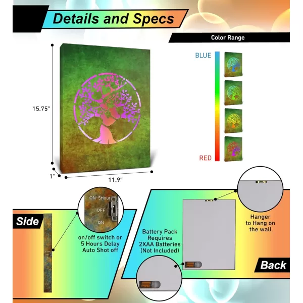 CoTa Global Owl Buddha Tree of Life Day of the Dead Light Up LED Wall Art  Color Changing LED Light Up Picture Art for Wall Hang  Home Decor Wall Art for Bedroom and Living Room  16x12 InchTree of Life