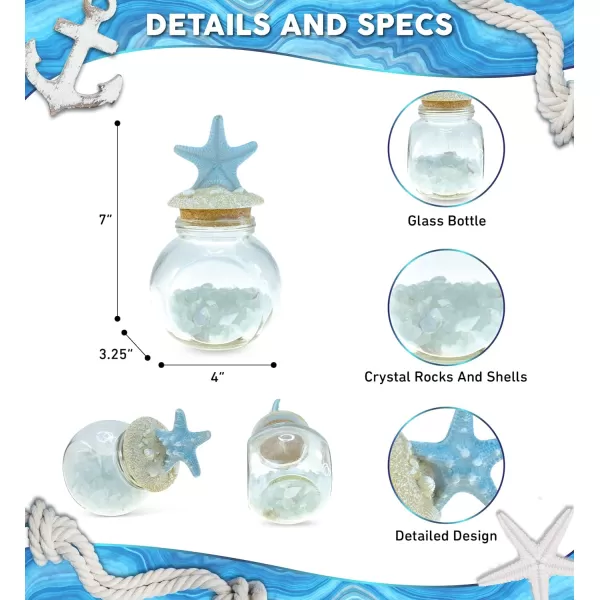 CoTa Global Turquoise Starfish Nautical Glass Bottle with Crystal Rocks and Shells  Decorative Bottle with Fixed Starfish Lid Jar Topper Glass Jar for Beach Home Decor Starfish Souvenir 7x4 Inch