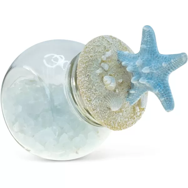 CoTa Global Turquoise Starfish Nautical Glass Bottle with Crystal Rocks and Shells  Decorative Bottle with Fixed Starfish Lid Jar Topper Glass Jar for Beach Home Decor Starfish Souvenir 7x4 Inch