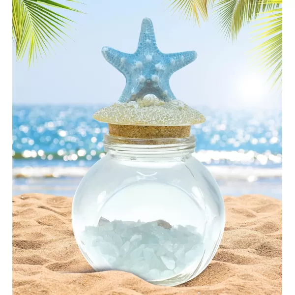 CoTa Global Turquoise Starfish Nautical Glass Bottle with Crystal Rocks and Shells  Decorative Bottle with Fixed Starfish Lid Jar Topper Glass Jar for Beach Home Decor Starfish Souvenir 7x4 Inch