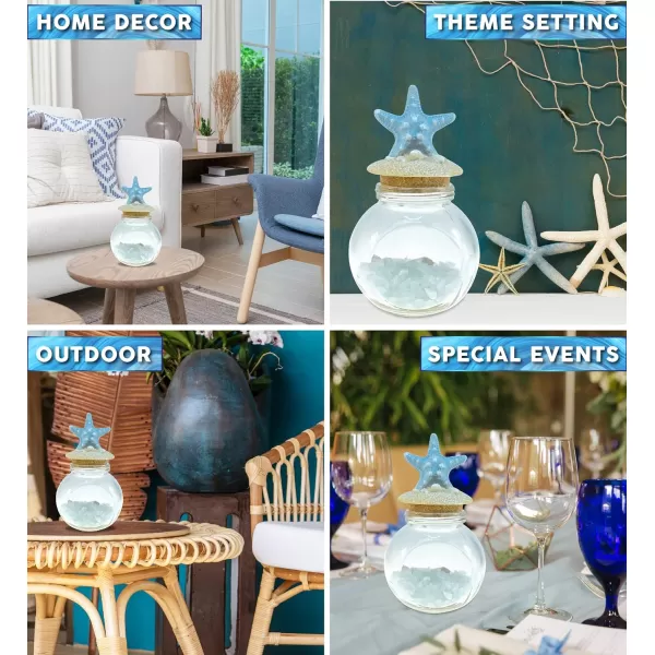 CoTa Global Turquoise Starfish Nautical Glass Bottle with Crystal Rocks and Shells  Decorative Bottle with Fixed Starfish Lid Jar Topper Glass Jar for Beach Home Decor Starfish Souvenir 7x4 Inch