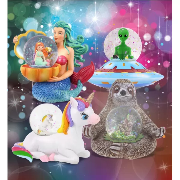 CoTa Global Unicorn Sloth Alien Space Saucer Mermaid Snow Globe Set of 4  Water Globe Figurines Collectible Novelty Ornament for Home Decor Gift for Birthdays Christmas and Valentine  45mm