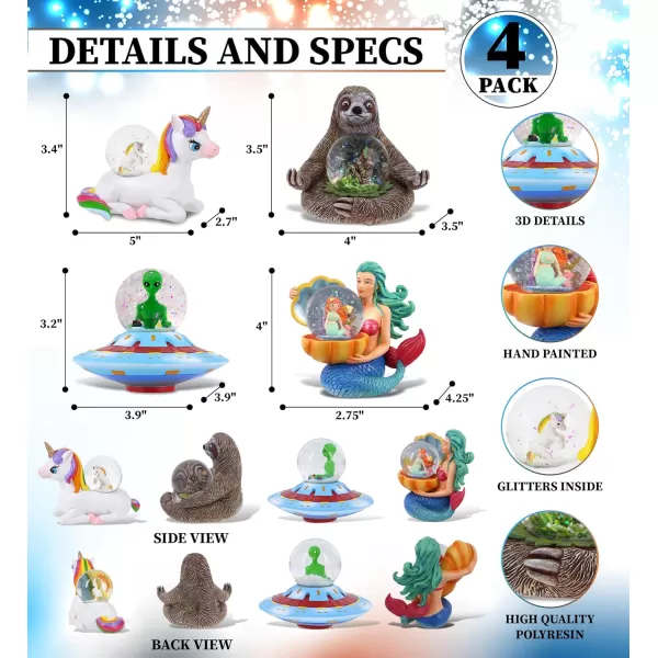 CoTa Global Unicorn Sloth Alien Space Saucer Mermaid Snow Globe Set of 4  Water Globe Figurines Collectible Novelty Ornament for Home Decor Gift for Birthdays Christmas and Valentine  45mm