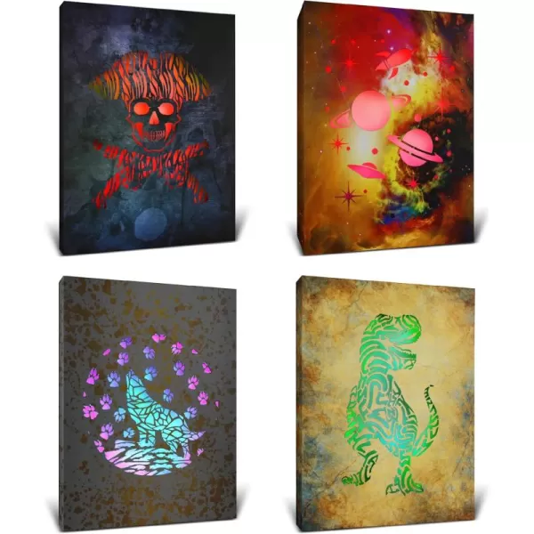 CoTa Global Owl Buddha Tree of Life Day of the Dead Light Up LED Wall Art  Color Changing LED Light Up Picture Art for Wall Hang  Home Decor Wall Art for Bedroom and Living Room  16x12 Inch4 pack  Pirate  Space  Wolf  and Dinosaur