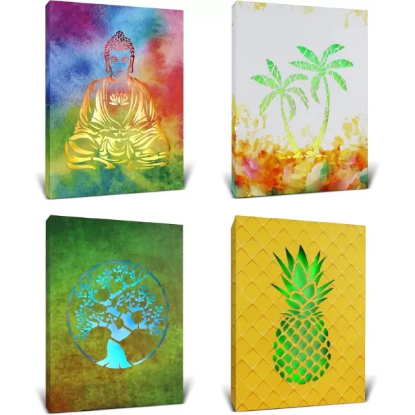 CoTa Global Owl Buddha Tree of Life Day of the Dead Light Up LED Wall Art  Color Changing LED Light Up Picture Art for Wall Hang  Home Decor Wall Art for Bedroom and Living Room  16x12 Inch4 pack  Buddha  Palm Tree  Tree of Life  Pineapple