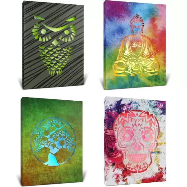CoTa Global Owl Buddha Tree of Life Day of the Dead Light Up LED Wall Art  Color Changing LED Light Up Picture Art for Wall Hang  Home Decor Wall Art for Bedroom and Living Room  16x12 Inch4 pack  Owl  Buddha  Tree of Life  Day of the Dead