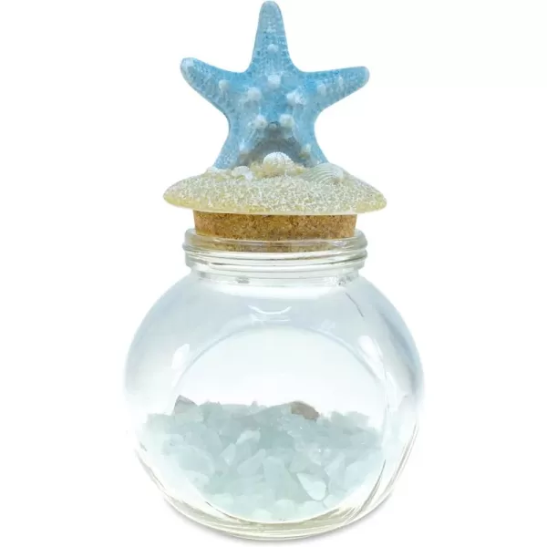 CoTa Global Turquoise Starfish Nautical Glass Bottle with Crystal Rocks and Shells  Decorative Bottle with Fixed Starfish Lid Jar Topper Glass Jar for Beach Home Decor Starfish Souvenir 7x4 Inch