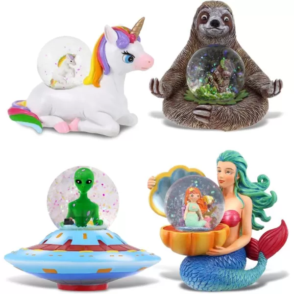 CoTa Global Unicorn Sloth Alien Space Saucer Mermaid Snow Globe Set of 4  Water Globe Figurines Collectible Novelty Ornament for Home Decor Gift for Birthdays Christmas and Valentine  45mm