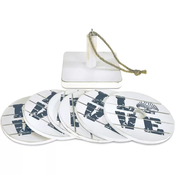 COTA Global Dream Coasters Nautical Wooden Coaster Set  Rustic Round Coaster Set with Holder Cute Beach Theme Drink Coasters Set for Spill and Scratch Free Tabletop  6 Coasters and 1 Holder Set