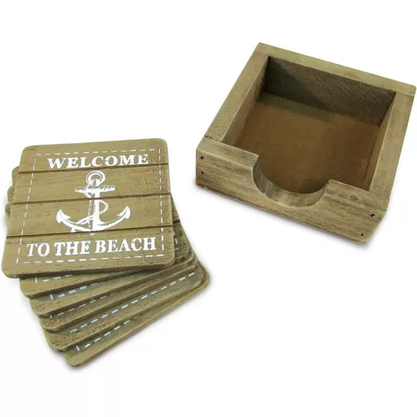 COTA Global Nautical Wooden Coaster and Holder Set  Rustic Square Coaster Set with Holder Cute Beach Theme Drink Coasters Set for Spill and Scratch Free Tabletop  6 Coasters and 1 Holder Set