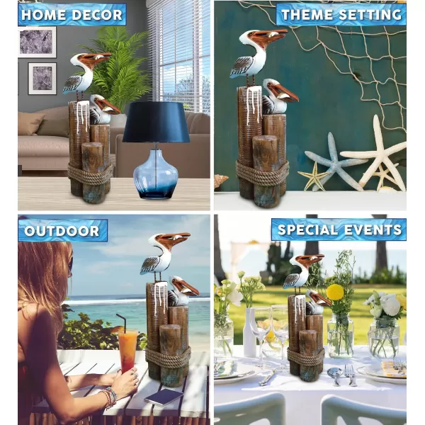 COTA Global Nautical Wooden Pelican Couple Statue  Crafted Pelican Couple Perched on Wood Posts with Beach Style Ropes  Decorative Tabletop Sea Birds Statue Centerpiece  Handmade Color May Vary