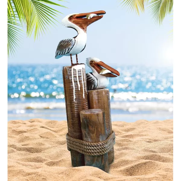 COTA Global Nautical Wooden Pelican Couple Statue  Crafted Pelican Couple Perched on Wood Posts with Beach Style Ropes  Decorative Tabletop Sea Birds Statue Centerpiece  Handmade Color May Vary