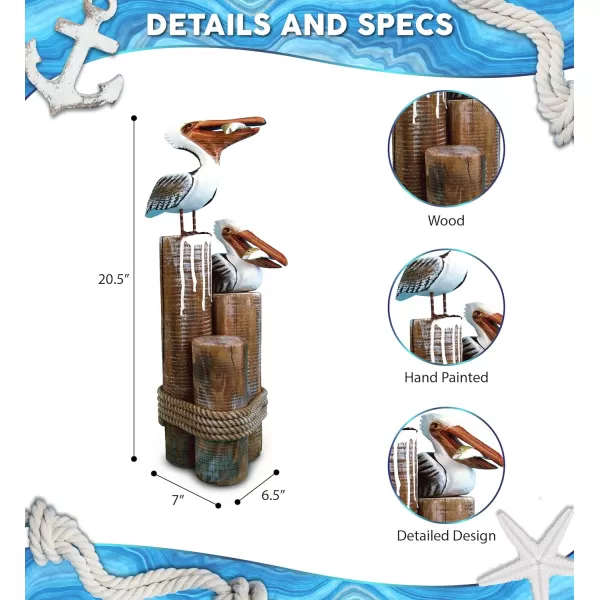 COTA Global Nautical Wooden Pelican Couple Statue  Crafted Pelican Couple Perched on Wood Posts with Beach Style Ropes  Decorative Tabletop Sea Birds Statue Centerpiece  Handmade Color May Vary