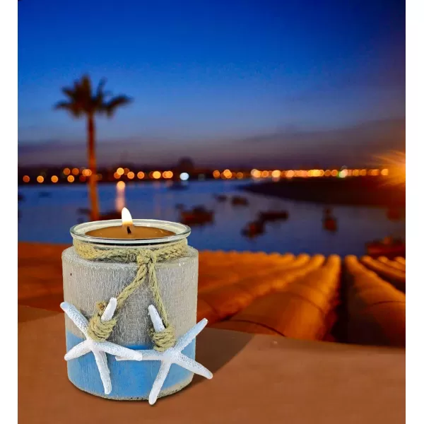 COTA Global Ocean Breeze Nautical Wooden Pillar Candle Holder  Table Centerpiece Candle Holder Decor for Beachy Decorations Rustic Candle Holder with Hanging Starfish  Handmade Color May Vary