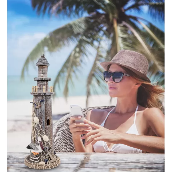 CoTa Global Brown Wooden Lighthouse Decor  Handcrafted Nautical Lighthouse Table Top Centerpiece with Pelican  Fishing Net Seashells and Anchor Decor Lighthouse Outdoor Decor  1425 Inches