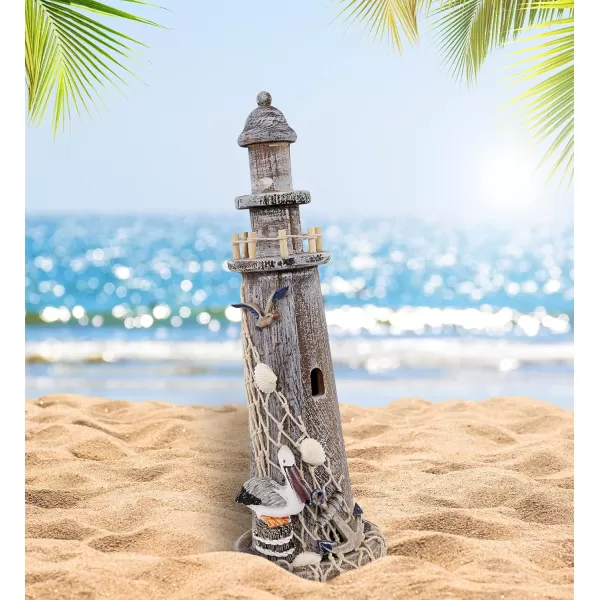 CoTa Global Brown Wooden Lighthouse Decor  Handcrafted Nautical Lighthouse Table Top Centerpiece with Pelican  Fishing Net Seashells and Anchor Decor Lighthouse Outdoor Decor  1425 Inches