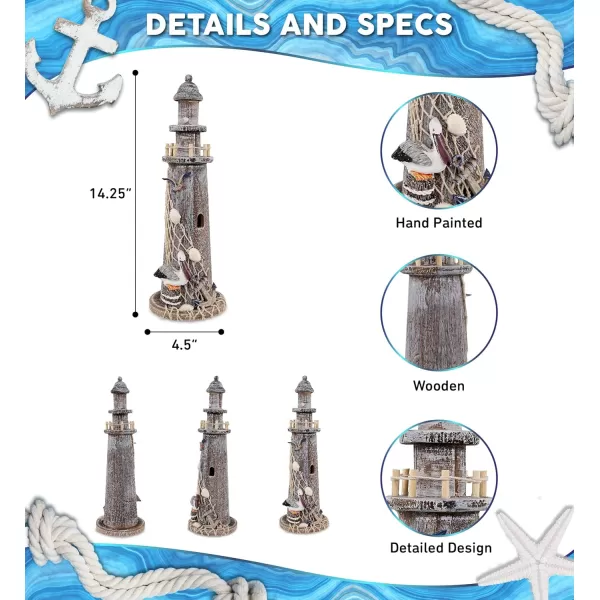 CoTa Global Brown Wooden Lighthouse Decor  Handcrafted Nautical Lighthouse Table Top Centerpiece with Pelican  Fishing Net Seashells and Anchor Decor Lighthouse Outdoor Decor  1425 Inches