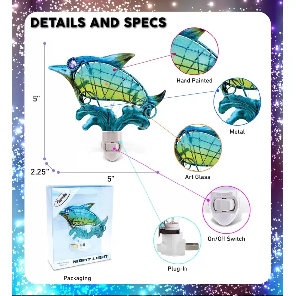 CoTa Global Dolphin Night Light  Wall Plug in Night Light with Switch Hand Made Metal ampamp Glass Nightlight for Bathroom Nursery Hallway Kitchen ampamp Bedroom  5 Inches