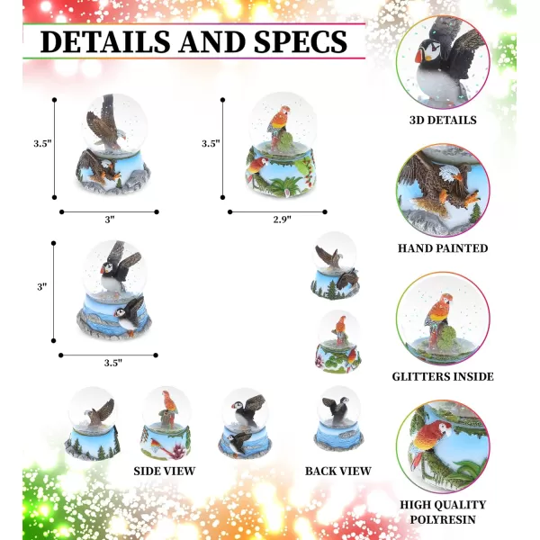 CoTa Global Eagle Parrot Puffin Snow Globe Set of 3  Water Globe Figurines with Glitter Collectible Novelty Ornament for Home Decor for Birthdays Christmas and Valentine  65mm