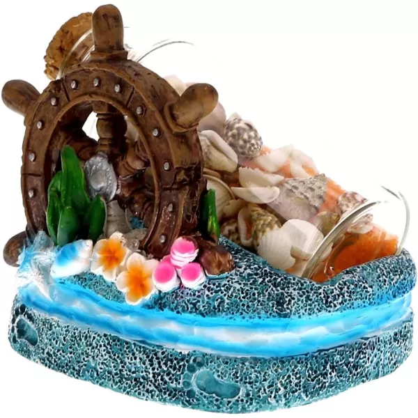 CoTa Global Resin Ship Wheel Miniature with Seashells in a Bottle 35 Inch Intricate ampamp Meticulous Art Figurine Decorative Tabletop Sculpture Centerpiece Snow Globe Nautical Beach Themed Home Dcor