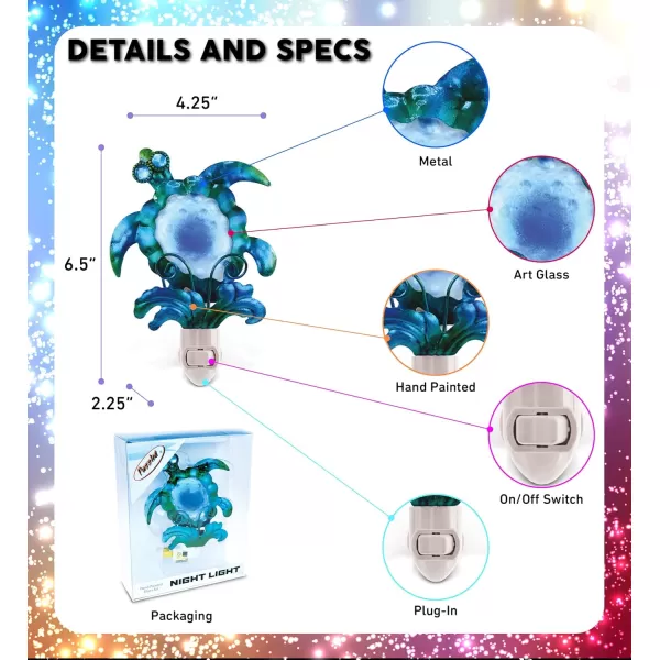 CoTa Global Sea Turtle Night Light  Home Dcor Wall Plug in Night Light with Switch Unique Decorative Hand Made Metal ampamp Glass Nightlight for Bathroom Nursery Hallway Kitchen Bedroom  65 Inch