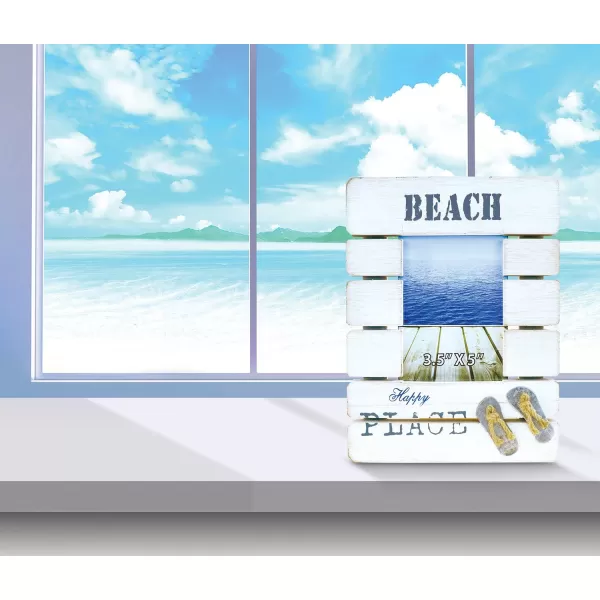 Puzzled CoTa Global Dream Beach Photo Frame 35x5  White Distressed Wood Sandals Photo Frame for Summer Vacation Memory Handmade Coastal Sand Nautical Picture Frame For Tabletop  9 Inches