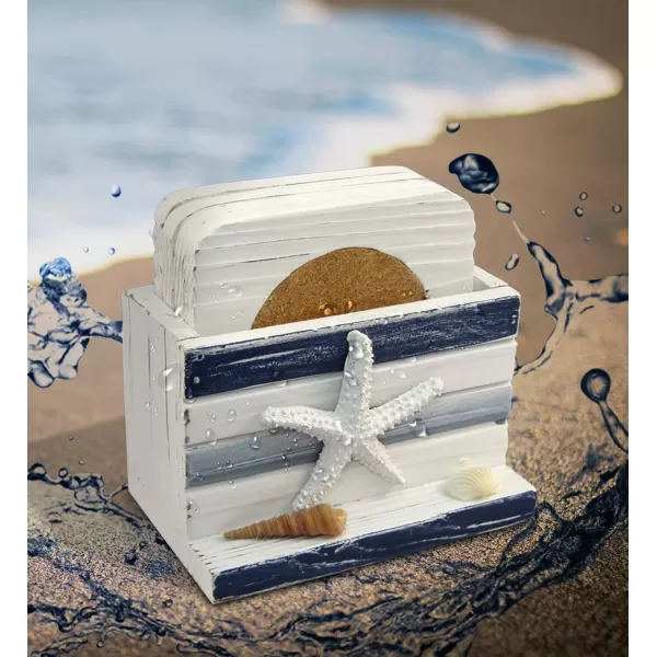 Puzzled White and Blue Stripes Wooden Nautical Coasters  Tabletop Wooden Coastal Decor for Home Kitchen Bar Beach Themed Gifts Square Coasters Set of 4 Handmade Drink Coasters with Holder