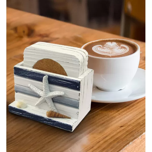 Puzzled White and Blue Stripes Wooden Nautical Coasters  Tabletop Wooden Coastal Decor for Home Kitchen Bar Beach Themed Gifts Square Coasters Set of 4 Handmade Drink Coasters with Holder