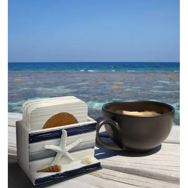Puzzled White and Blue Stripes Wooden Nautical Coasters  Tabletop Wooden Coastal Decor for Home Kitchen Bar Beach Themed Gifts Square Coasters Set of 4 Handmade Drink Coasters with Holder