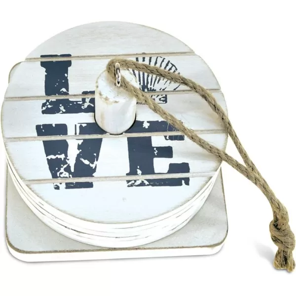 COTA Global Dream Coasters Nautical Wooden Coaster Set  Rustic Round Coaster Set with Holder Cute Beach Theme Drink Coasters Set for Spill and Scratch Free Tabletop  6 Coasters and 1 Holder Set