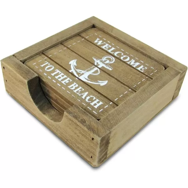 COTA Global Nautical Wooden Coaster and Holder Set  Rustic Square Coaster Set with Holder Cute Beach Theme Drink Coasters Set for Spill and Scratch Free Tabletop  6 Coasters and 1 Holder Set