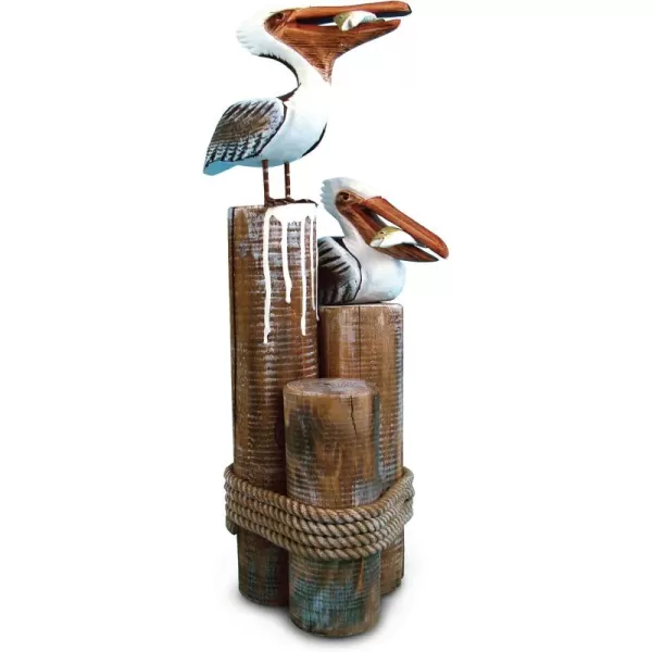 COTA Global Nautical Wooden Pelican Couple Statue  Crafted Pelican Couple Perched on Wood Posts with Beach Style Ropes  Decorative Tabletop Sea Birds Statue Centerpiece  Handmade Color May Vary
